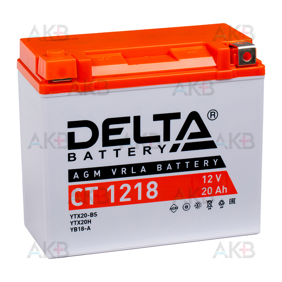 Мото аккумулятор Delta CT 1218, 12V 20Ah, 270А (177x88x154) YTX20-BS, YB16-B, YB18-A