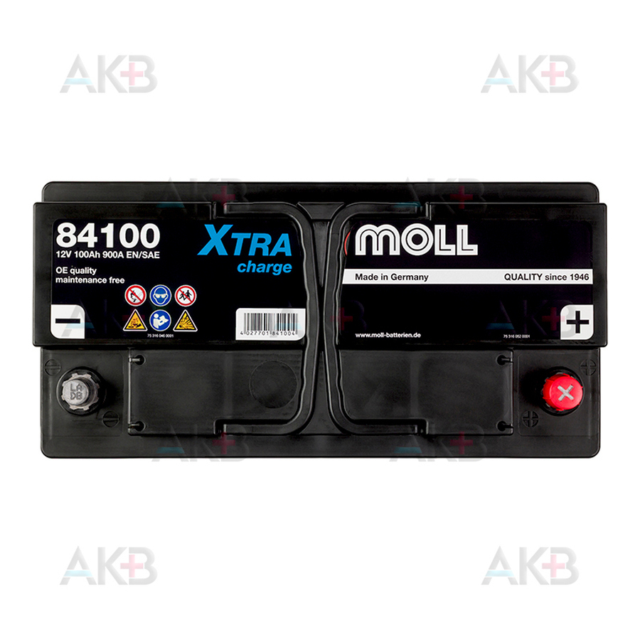 Автомобильный аккумулятор Moll X-TRA charge 100 Ач 900A обр. пол. (353x175x190) 84100