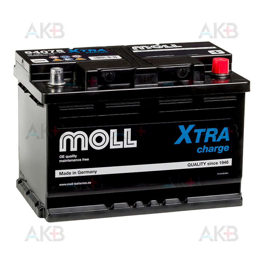 Автомобильный аккумулятор Moll X-TRA charge 75 Ач 720A обр. пол. (276x175x190) 84075