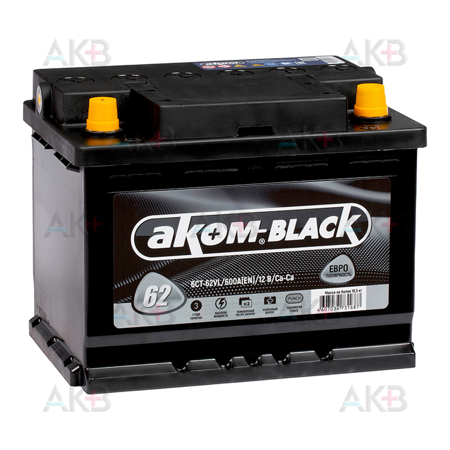 Автомобильный аккумулятор Аком BLACK 62 Ач 600A (242x175x190) обр. пол.