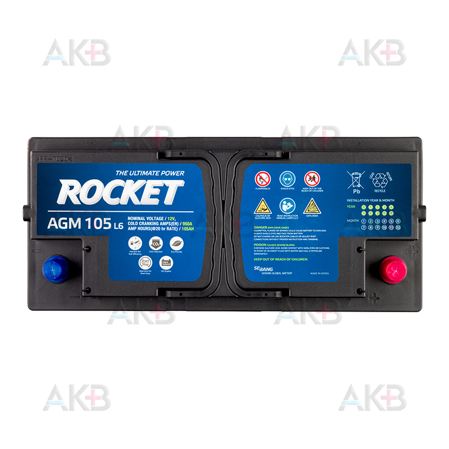 Автомобильный аккумулятор Rocket AGM L6 105Ah 950A обр пол. (393х175х190)
