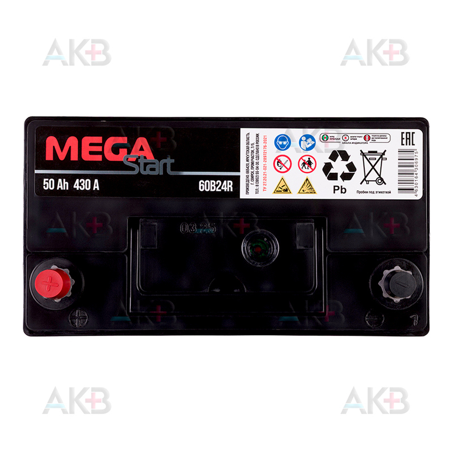 Автомобильный аккумулятор MEGA START 60B24R 50Ah 430A прям. пол. (237x127x225) узкие клеммы