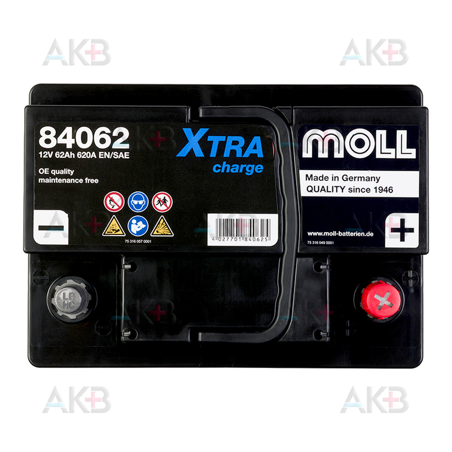 Автомобильный аккумулятор Moll X-TRA charge 62 Ач 620A обр. пол. (242x175x175) 84062