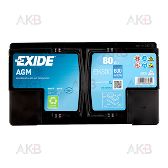 Автомобильный аккумулятор Exide Start-Stop AGM 80R (800А 315x175x190) EK800. Фото 1